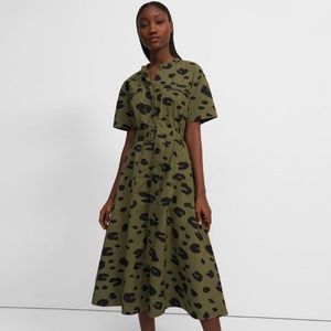 Theory Short-Sleeve Shirtdress in Olive Leopard Poplin